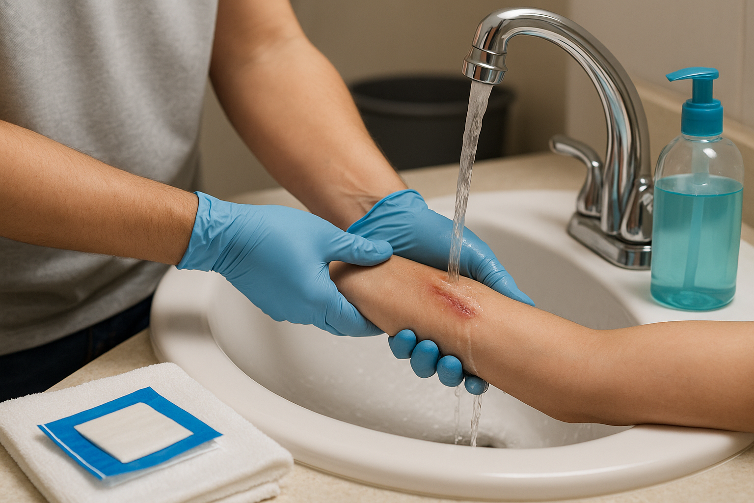 Gloved caregiver rinsing shallow forearm abrasion under running tap water, gauze and soap nearby.