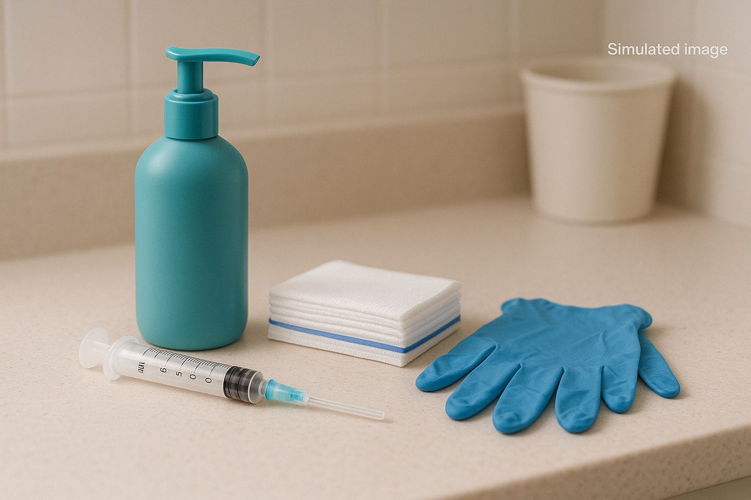 Teal soap bottle, gauze pads, syringe, and blue glove neatly arranged on a clean bathroom counter for wound care.
