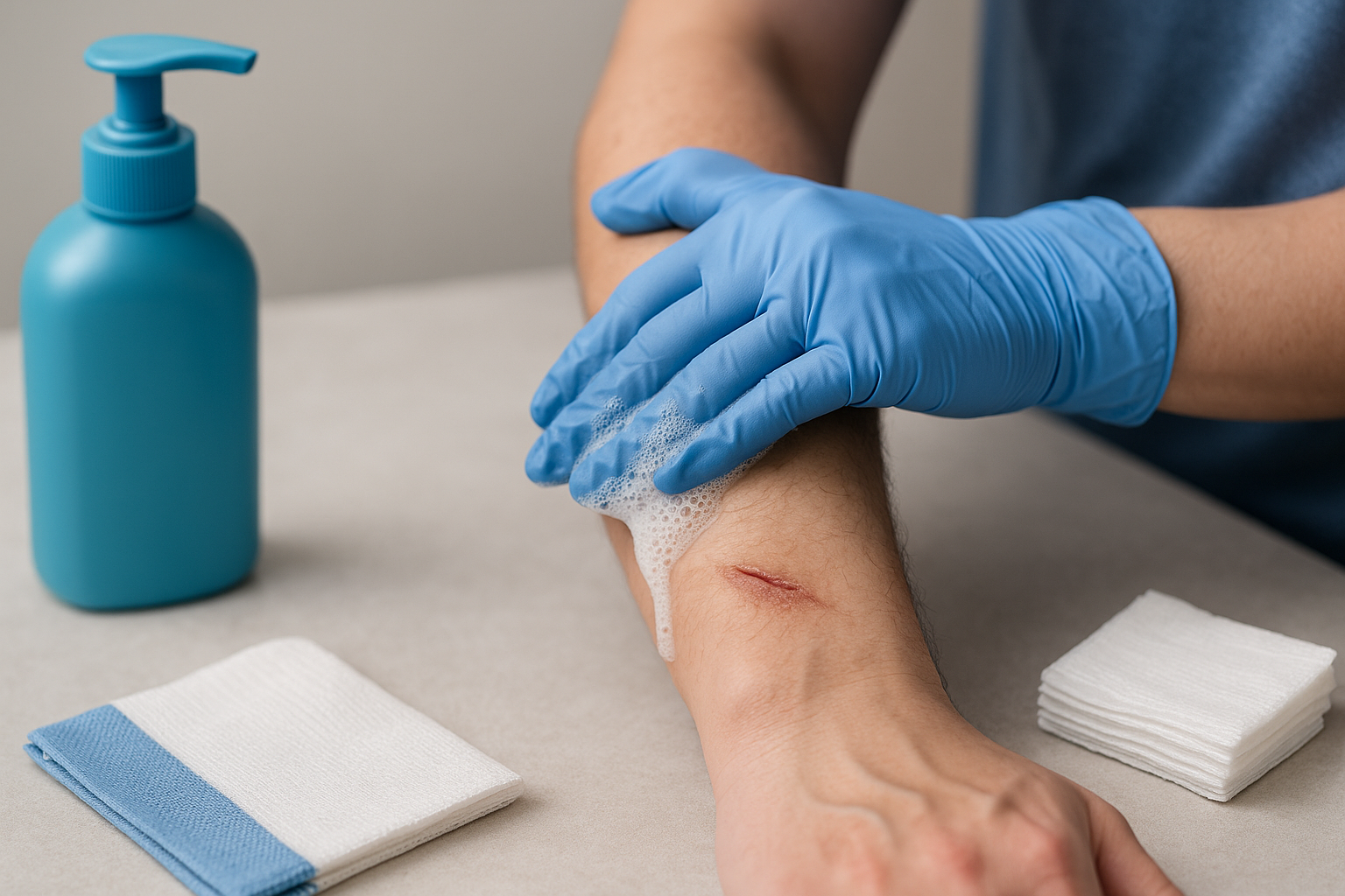 Blue-gloved hand lathers mild soap around a small forearm abrasion; gauze and teal soap bottle nearby