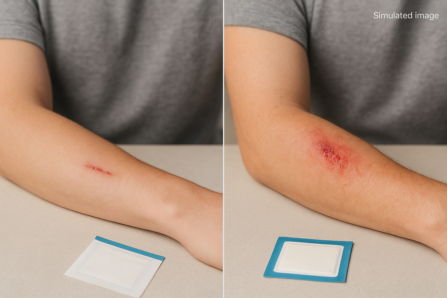 Side-by-side photo: left forearm cut healing normally, right forearm cut red, swollen, indicating infection.