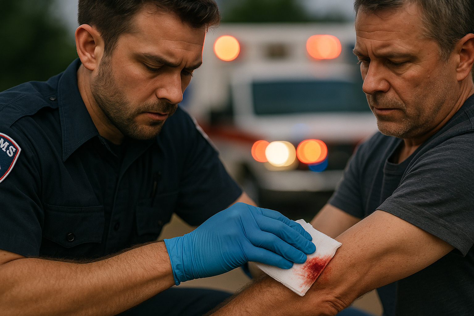 Paramedic in navy uniform presses blood-soaked gauze on man’s upper arm gunshot wound; ambulance lights blur behind