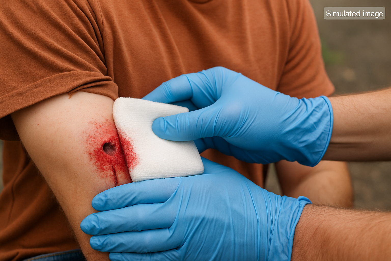 Blue-gloved hands press blood-soaked gauze firmly onto upper-arm bullet wound to control bleeding.