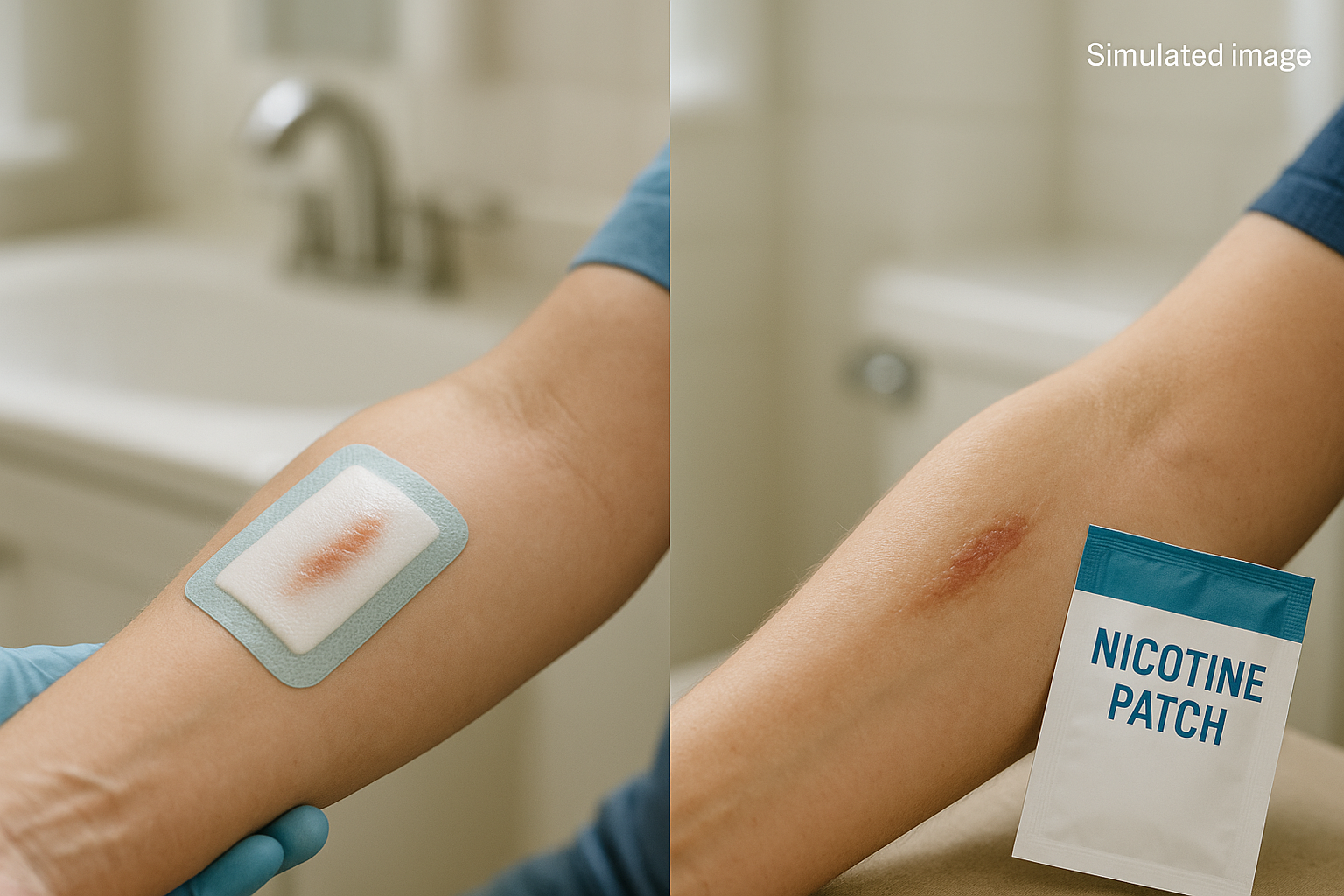 Side-by-side photo: healthy bandaged cut vs slower-healing cut shown next to an open nicotine patch packet.