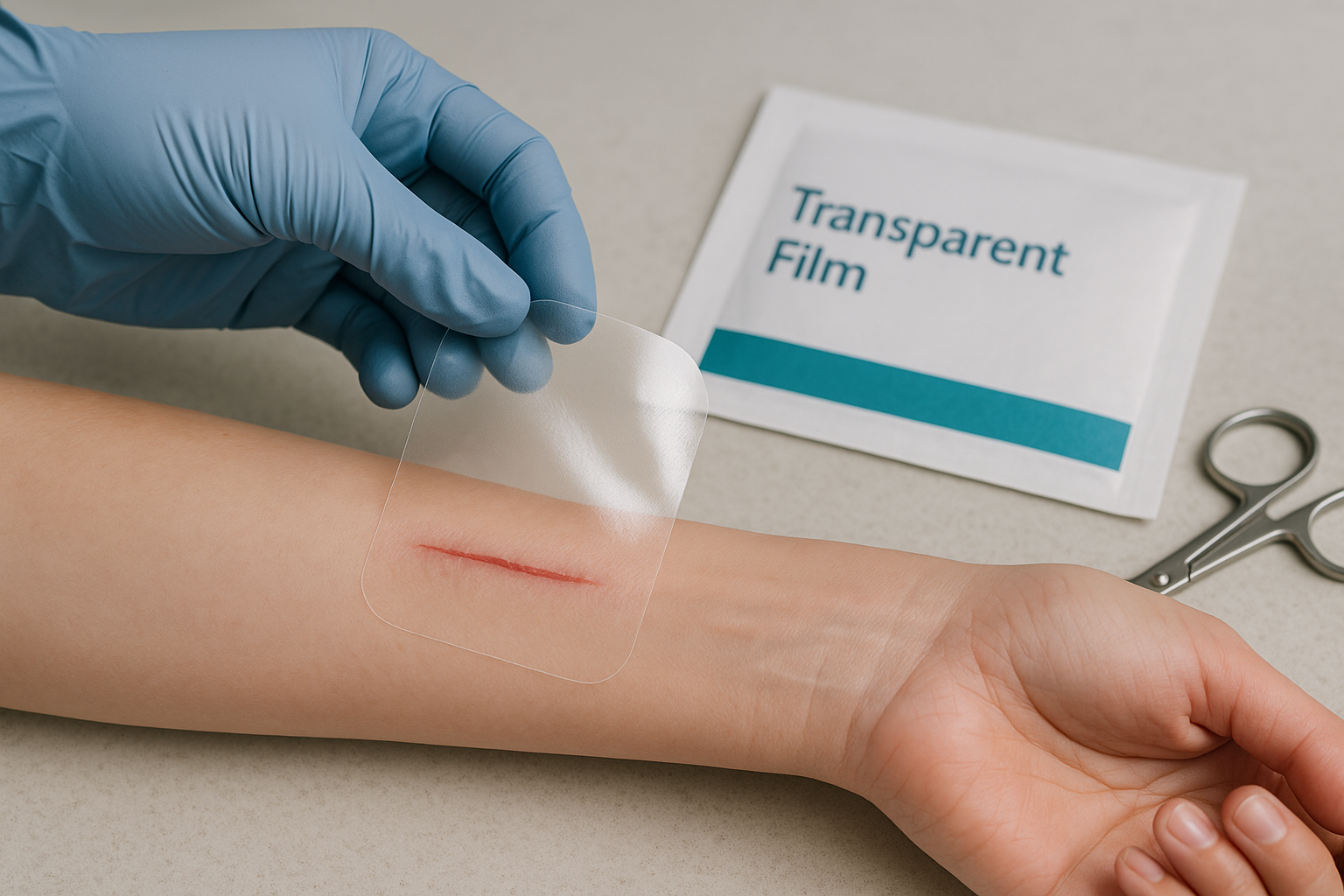 Gloved caregiver positions clear film dressing over small forearm incision; labeled ‘Transparent Film’ pack nearby
