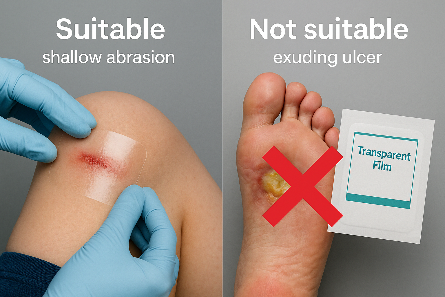 Side-by-side photo: transparent film applied to shallow knee abrasion (Suitable) versus exuding foot ulcer with red X.