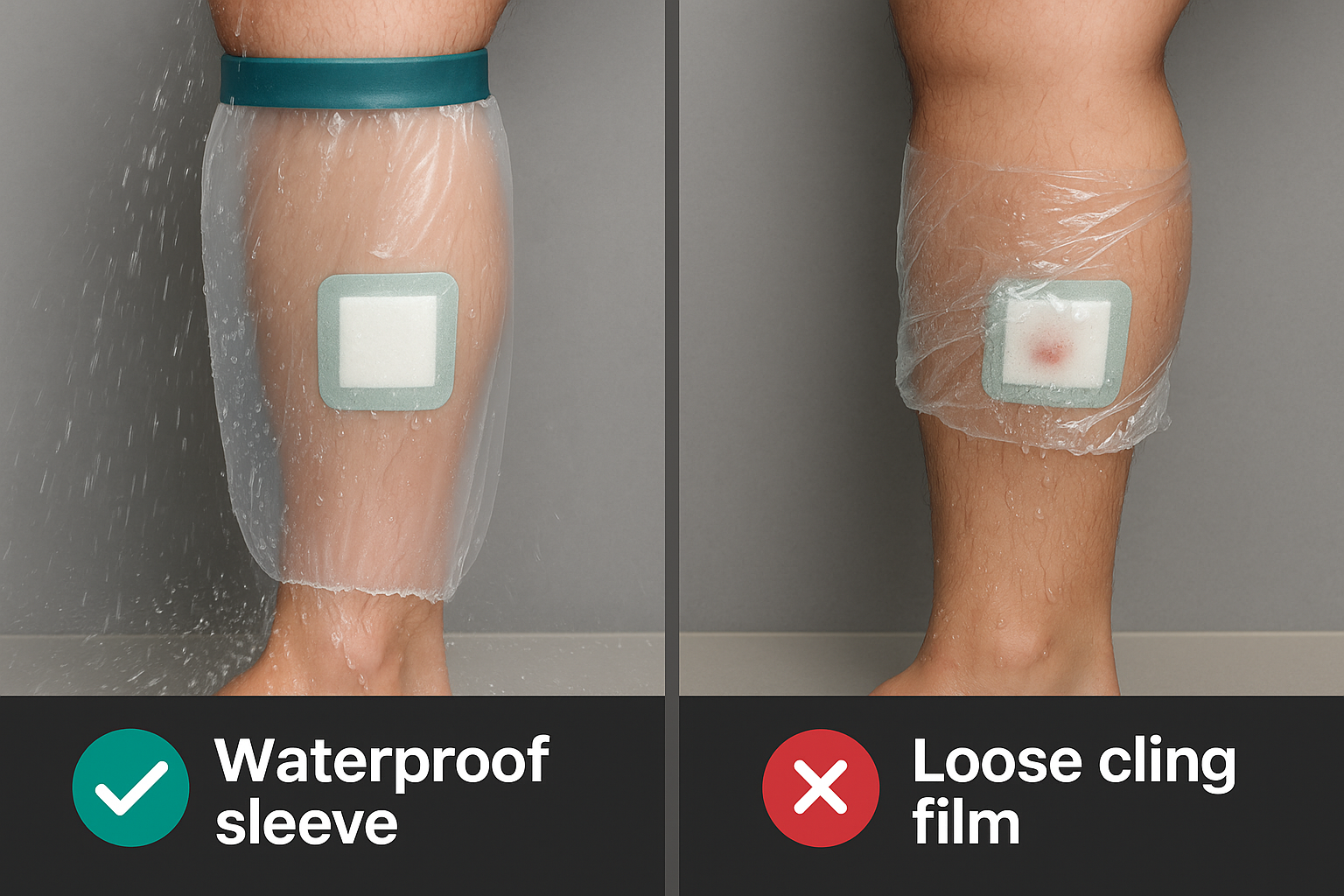 Side-by-side: waterproof leg sleeve keeps dressing dry (green check) vs loose cling film leaking water (red X).