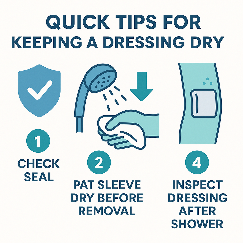 Infographic with four icons: check seal, use gentle spray, pat sleeve dry before removal, inspect dressing after shower