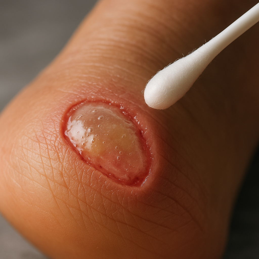 Close-up of wound with shiny biofilm layer; swab hovers to illustrate sampling.