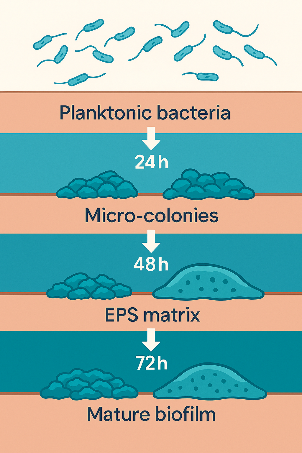 Four-stage diagram showing planktonic bacteria, micro-colonies, EPS matrix, and mature biofilm over 72 hours.