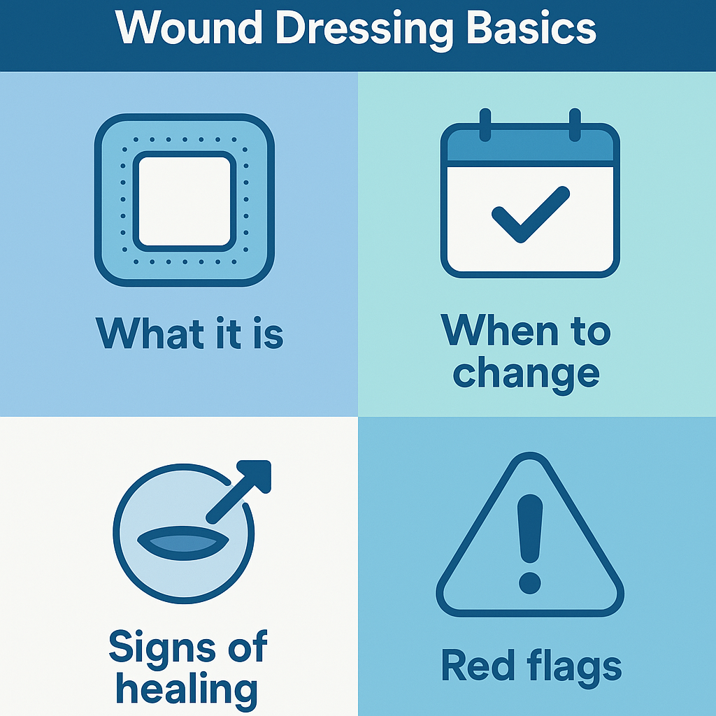 Four-block infographic: what a dressing is, when to change it, signs of healing, and red-flag warning signs.