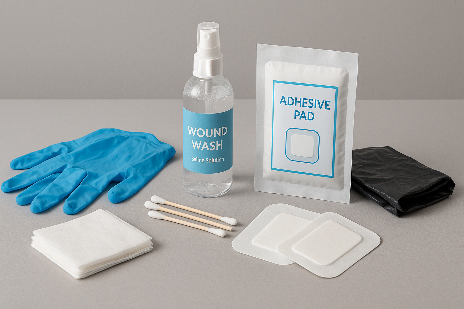 Wound-care supplies laid out: saline spray, blue gloves, cotton swabs, gauze pads, adhesive dressings, small trash bag.