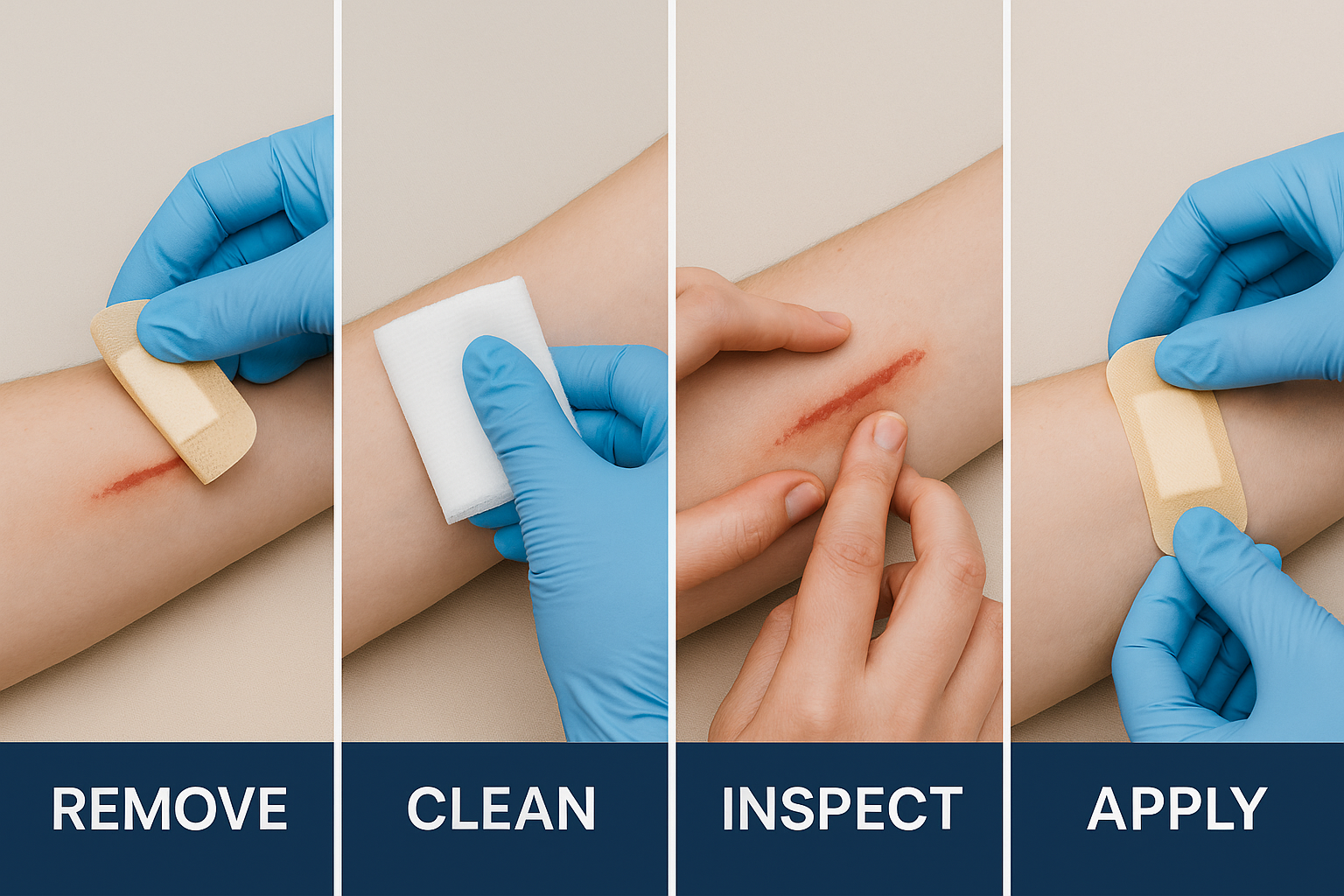 Four panels: REMOVE old dressing, CLEAN with gauze, INSPECT wound edges, APPLY new adhesive pad.