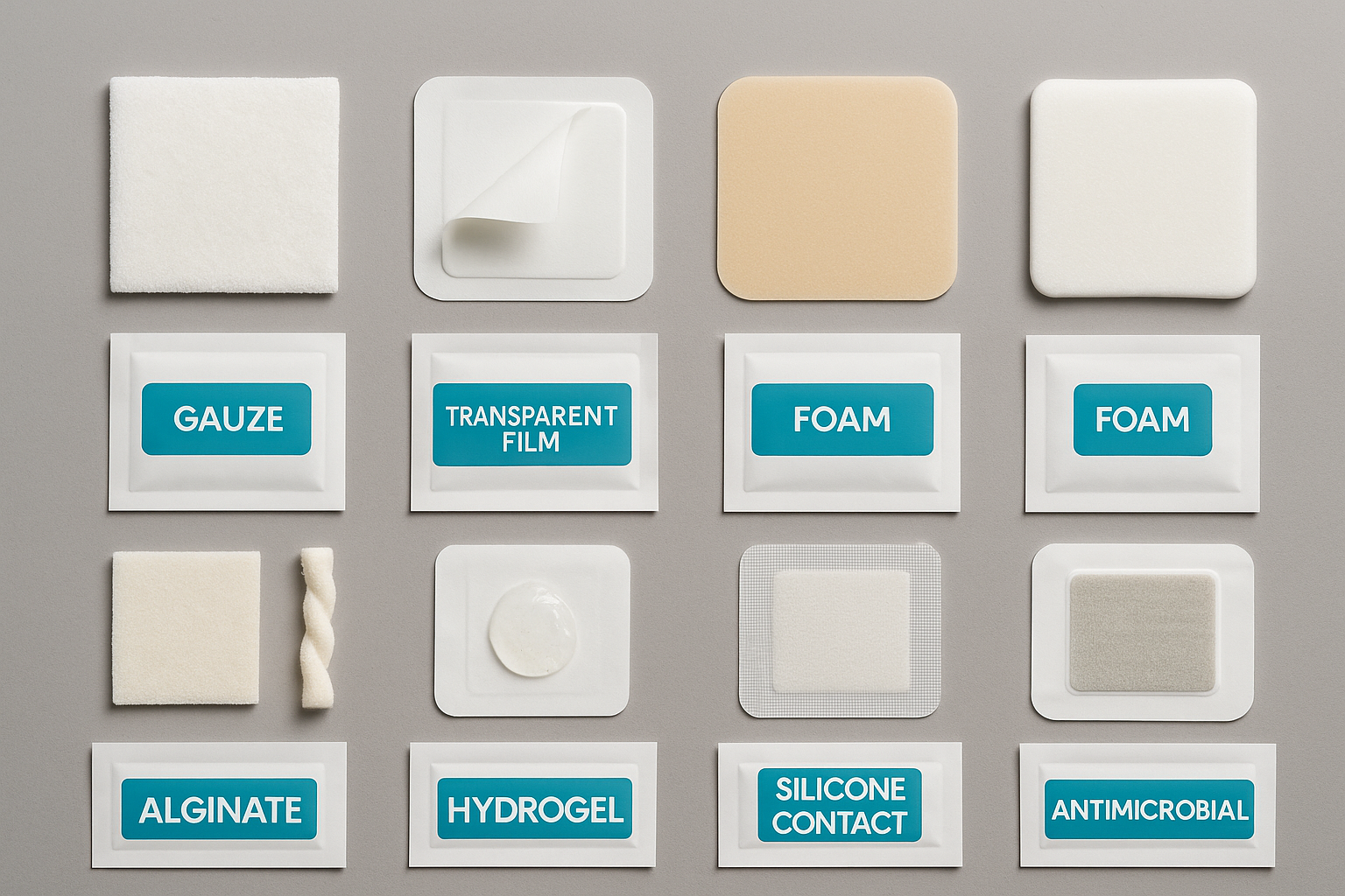 Grid of eight dressings—gauze, transparent film, foam, alginate, hydrogel, hydrocolloid, silicone contact, antimicrobial—each above labeled pack.