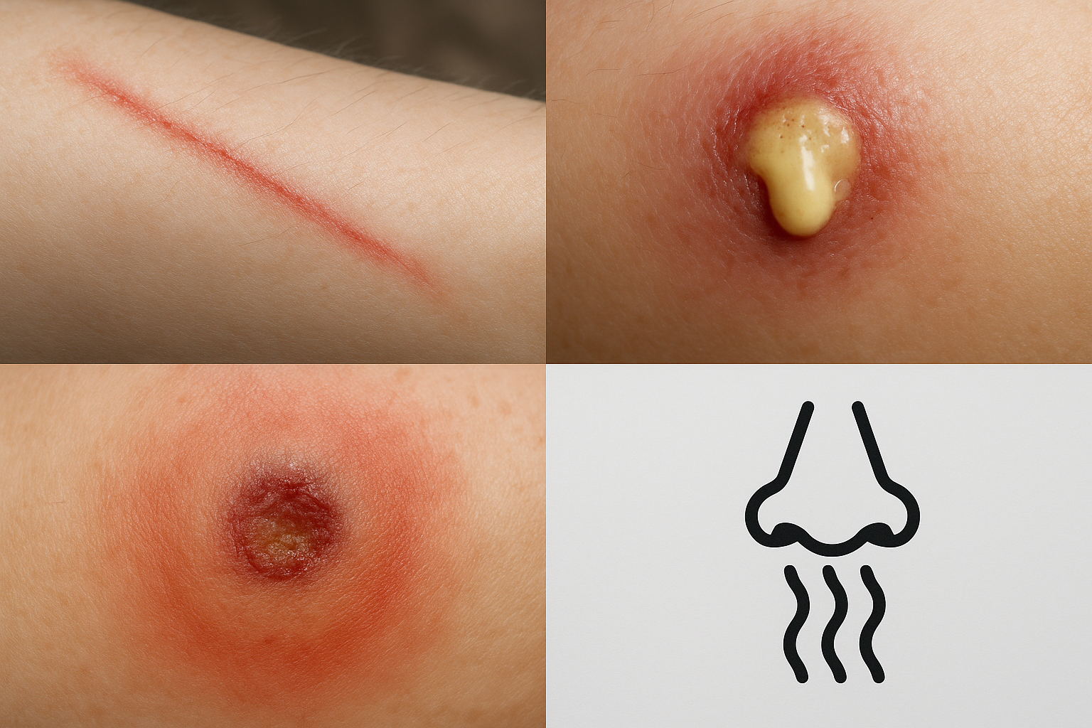 Four-image collage: red streak up arm, pus-filled wound, expanding red ulcer, and odor icon indicating foul smell.
