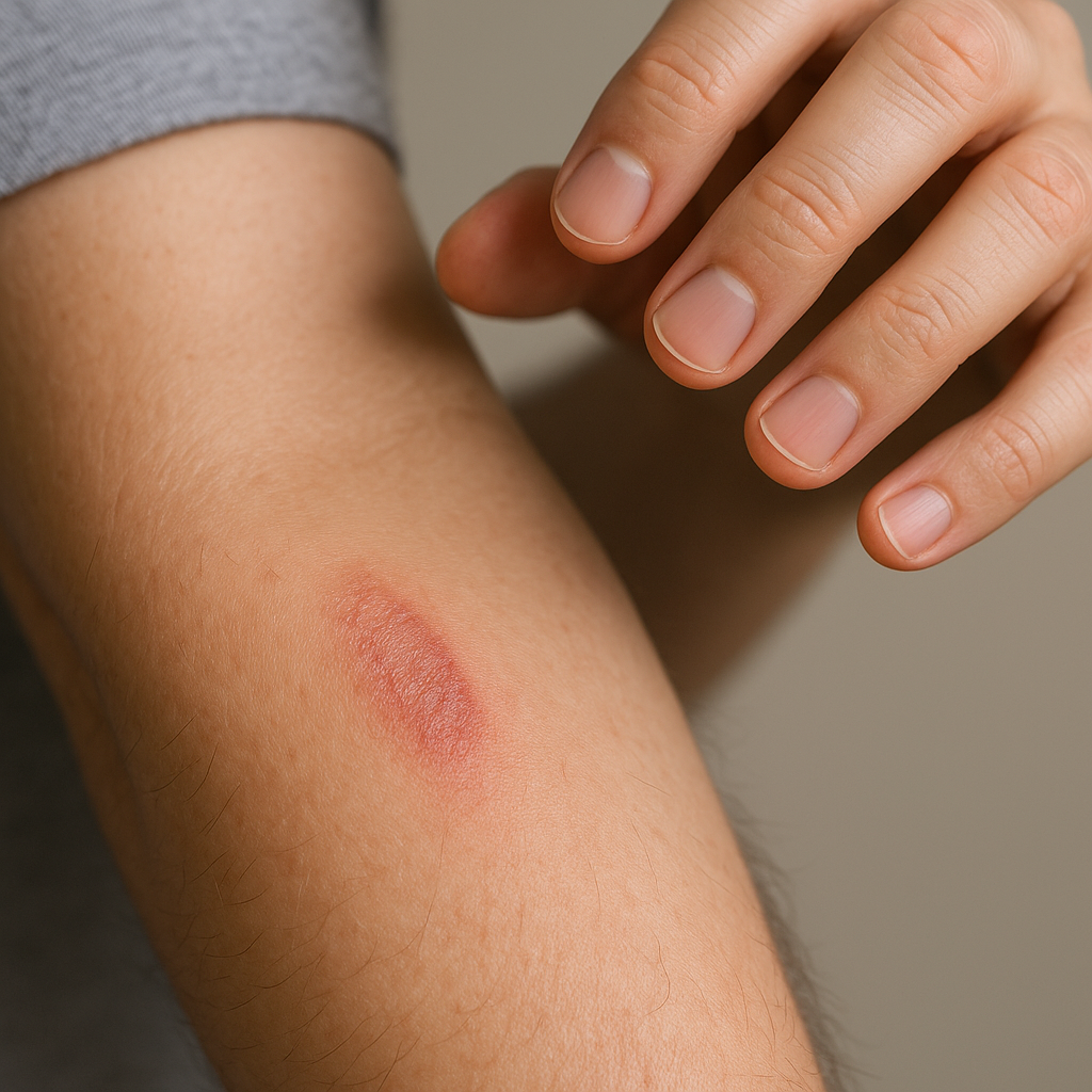Healing forearm abrasion looks pink and itchy as hand hovers above, resisting the urge to scratch.