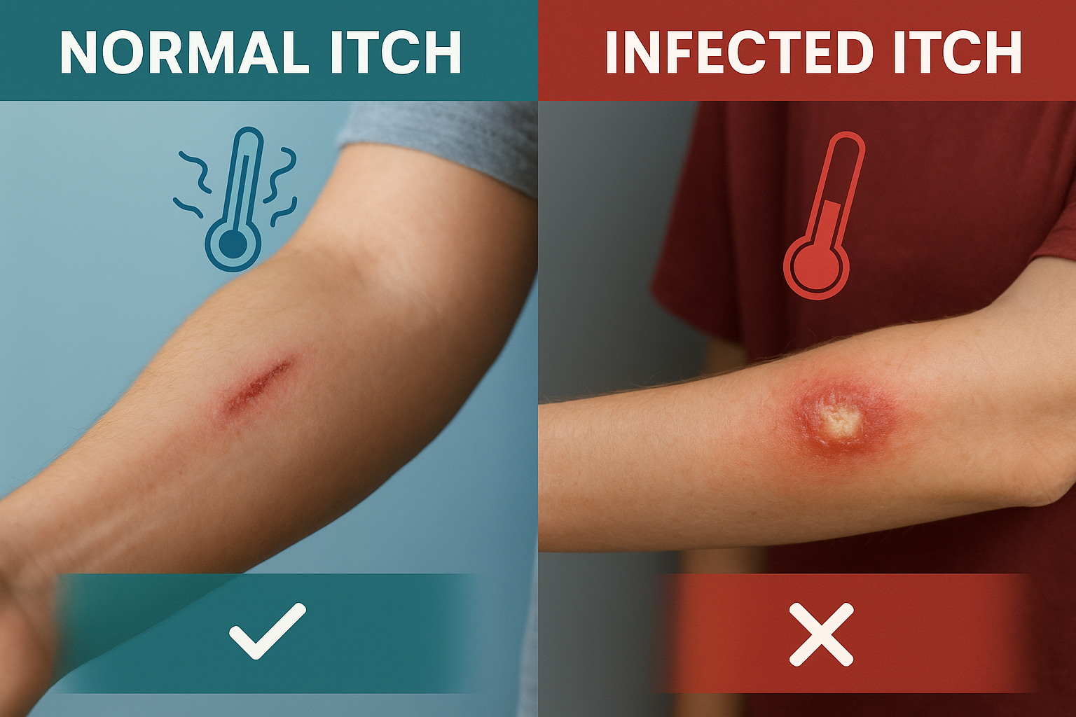 Split image: left shows normal healing itch on cool-blue background; right shows infected itchy wound with pus on red background.