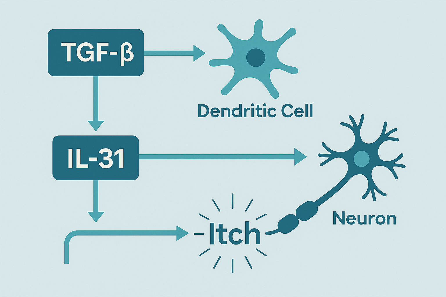 Infographic: TGF-β triggers dendritic cell → IL-31 release → neuron activation → itch sensation.